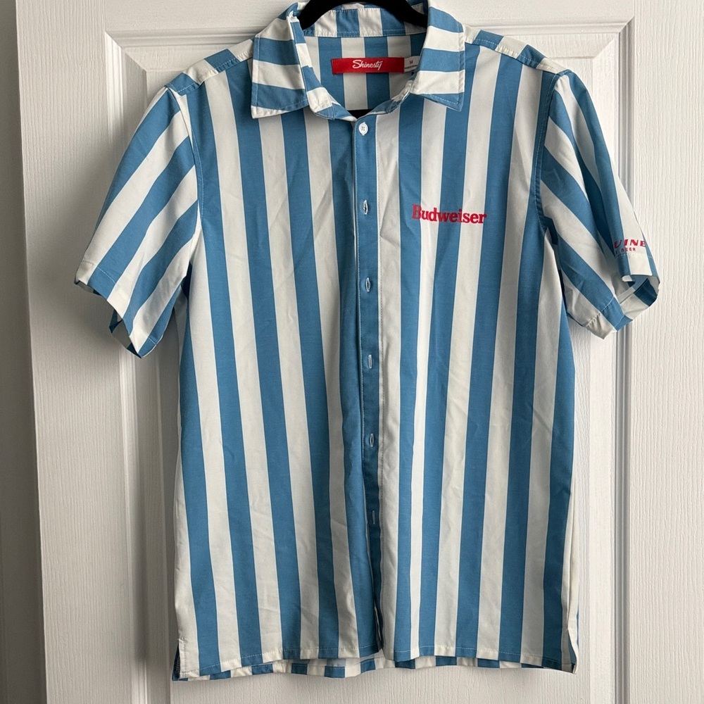 Budweiser Striped Blue and White Casual Shirt with back Beer Pocket